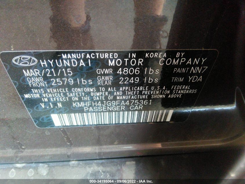 2015 HYUNDAI AZERA LIMITED KMHFH4JG9FA475361