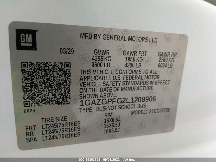 2020 CHEVROLET EXPRESS PASSENGER LT 1GAZGPFG2L1208906