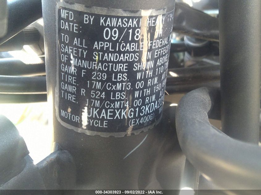 2019 KAWASAKI EX400 JKAEXKG13KDA22918