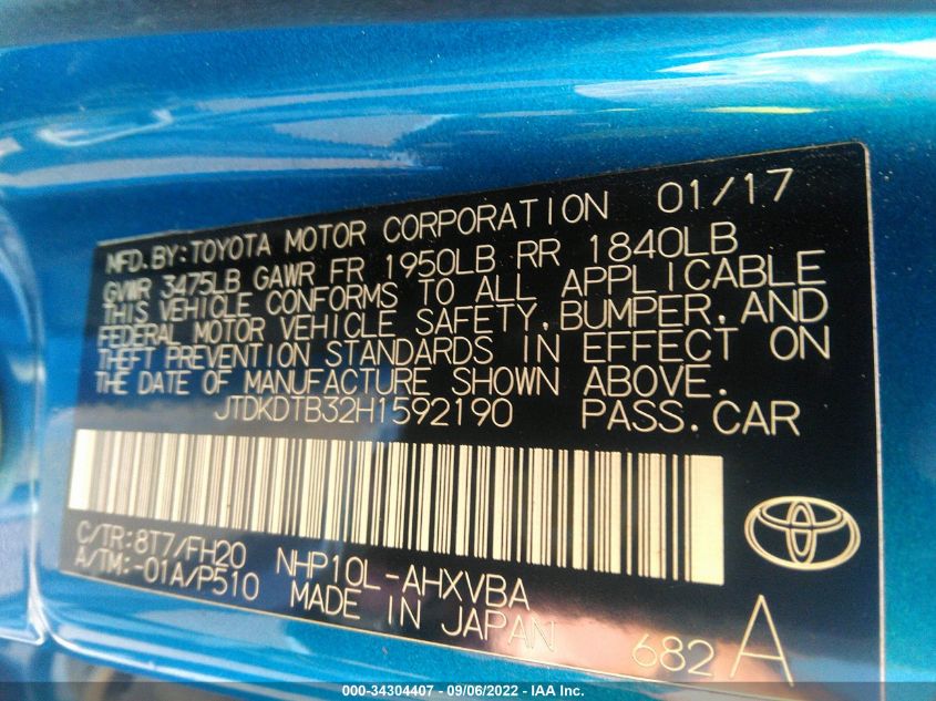 2017 TOYOTA PRIUS C FOUR JTDKDTB32H1592190