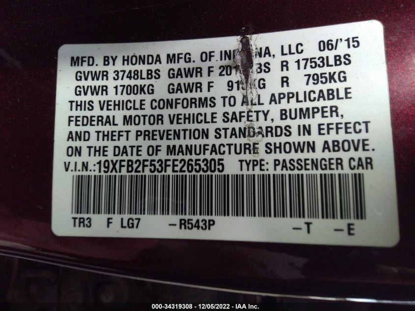 2015 HONDA CIVIC SEDAN LX 19XFB2F53FE265305
