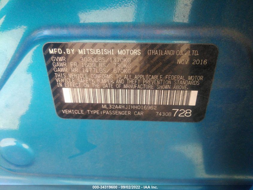 2017 MITSUBISHI MIRAGE SE ML32A4HJ1HH016962