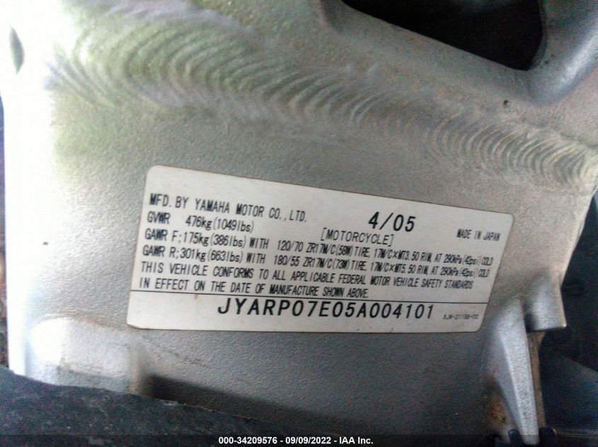 2005 YAMAHA FJR1300 JYARP07E05A004101