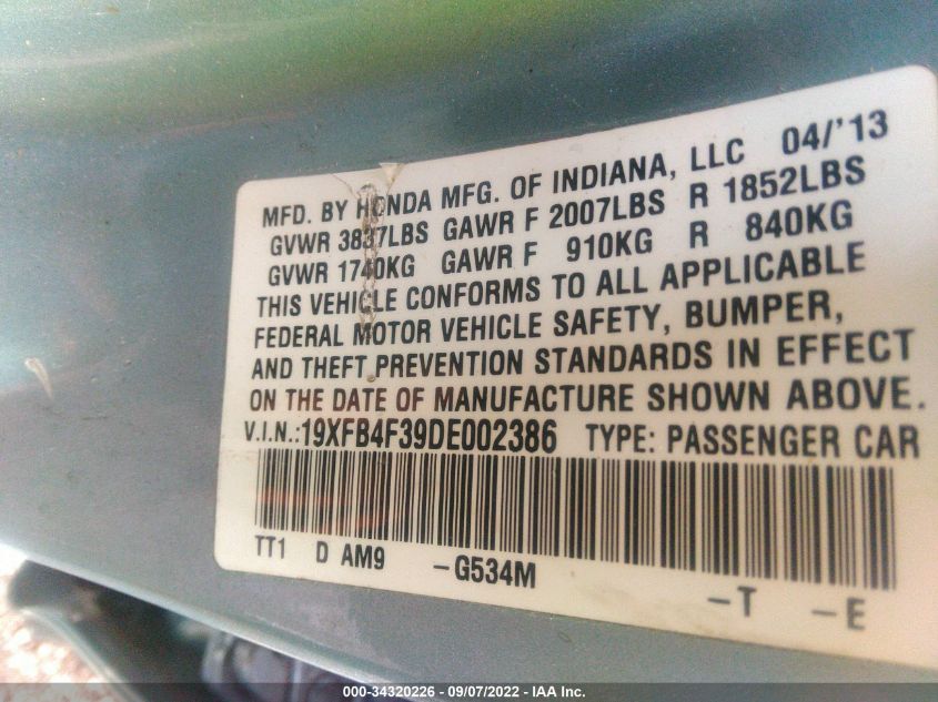 2013 HONDA CIVIC HYBRID 19XFB4F39DE002386