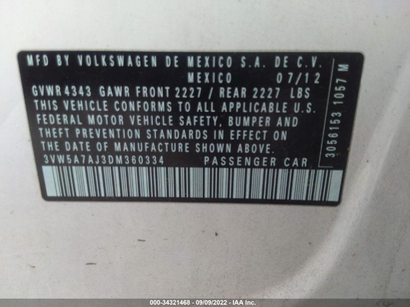 2013 VOLKSWAGEN GLI AUTOBAHN W/NAV 3VW5A7AJ3DM360334
