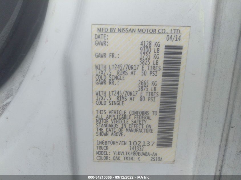 2014 NISSAN NV SV 1N6BF0KY7EN102137