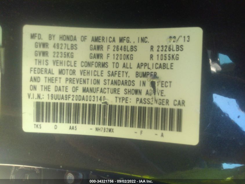2013 ACURA TL 19UUA9F20DA003140