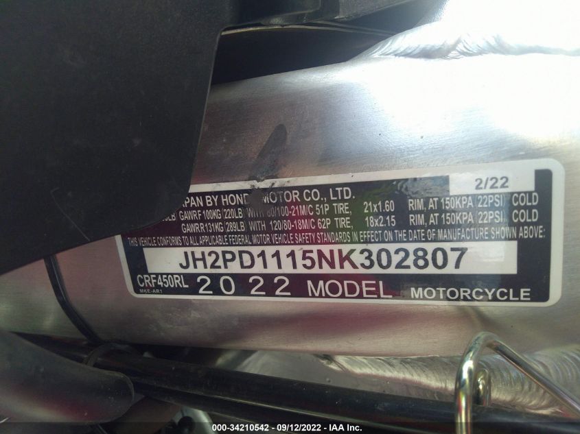 2022 HONDA CRF450 L JH2PD1115NK302807