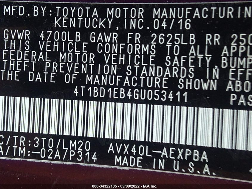 2016 TOYOTA AVALON HYBRID XLE PREMIUM/LIMITED 4T1BD1EB4GU053411