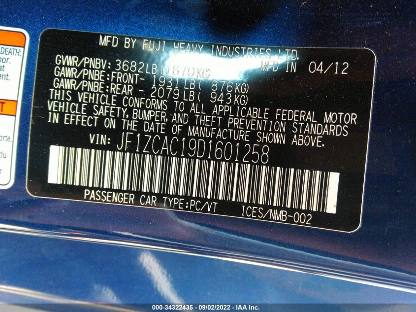 2013 SUBARU BRZ LIMITED JF1ZCAC19D1601258