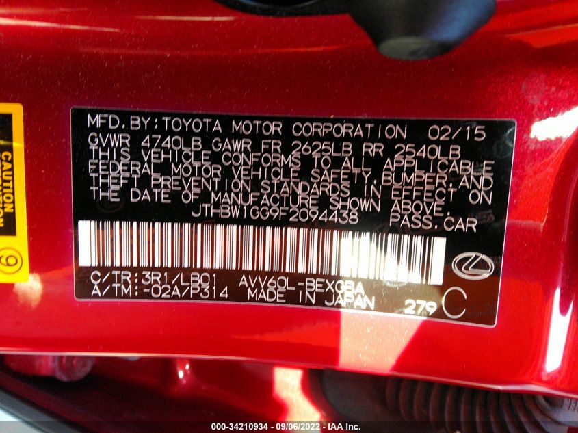 2015 LEXUS ES 300H HYBRID JTHBW1GG9F2094438
