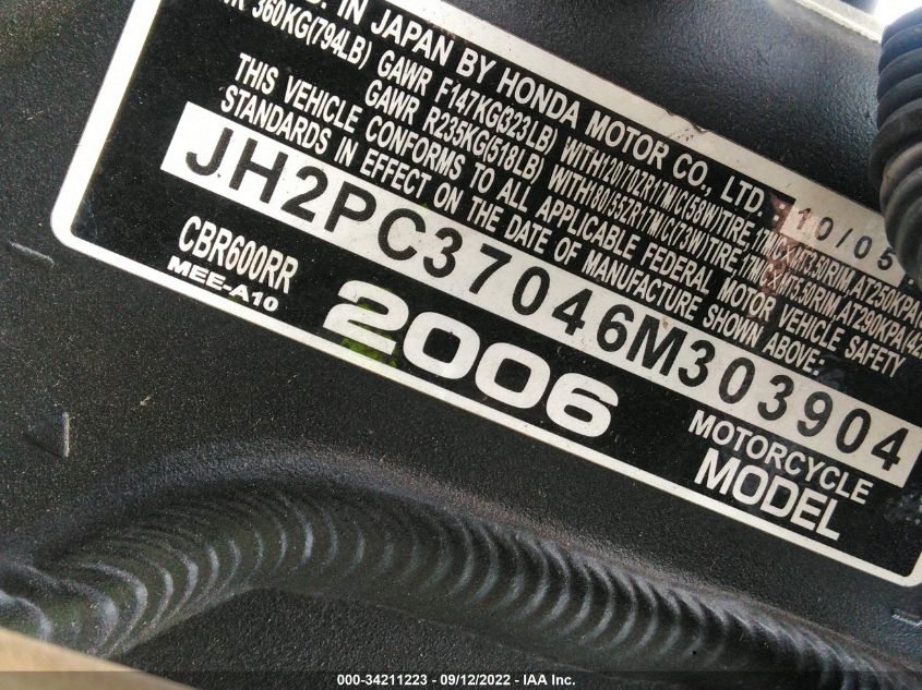 2006 HONDA CBR600 RR JH2PC37046M303904