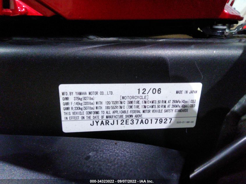 2007 YAMAHA YZFR6 L JYARJ12E37A017927