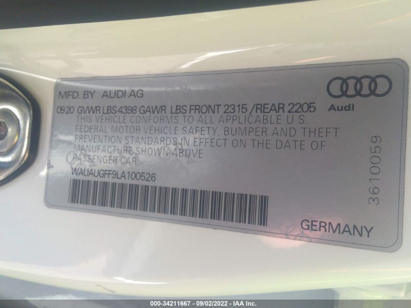 2020 AUDI A3 PREMIUM WAUAUGFF9LA100526
