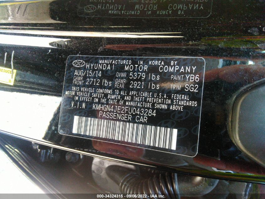 2015 HYUNDAI GENESIS 3.8L KMHGN4JE2FU043284