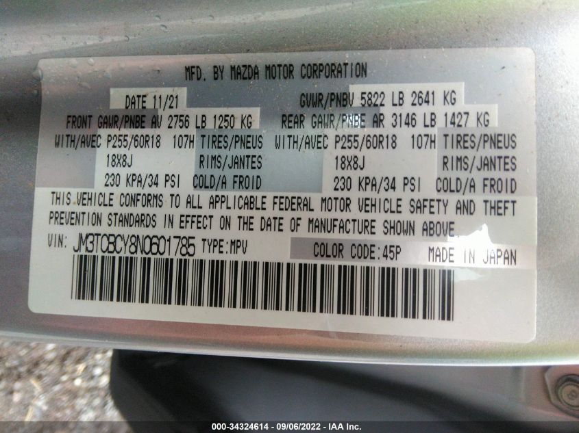 2022 MAZDA CX-9 TOURING JM3TCBCY8N0601785