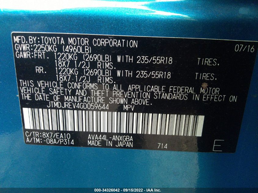 2016 TOYOTA RAV4 HYBRID LIMITED JTMDJREV4GD059644