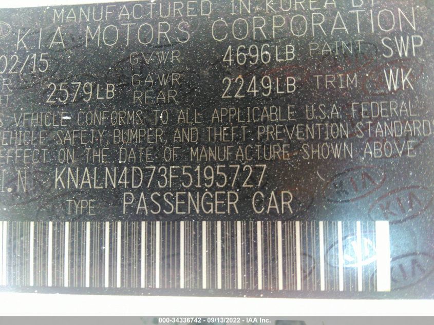 2015 KIA CADENZA PREMIUM KNALN4D73F5195727