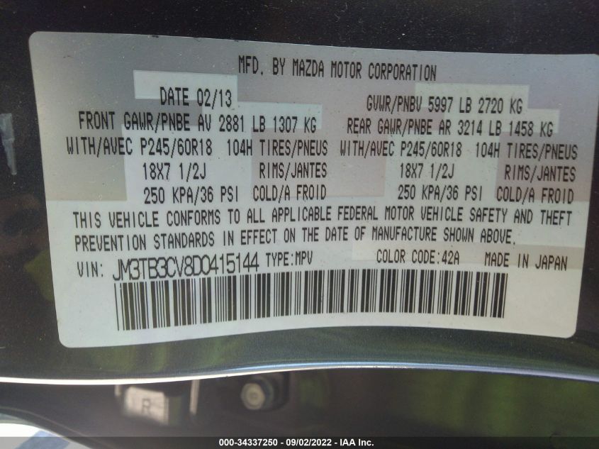 2013 MAZDA CX-9 TOURING JM3TB3CV8D0415144