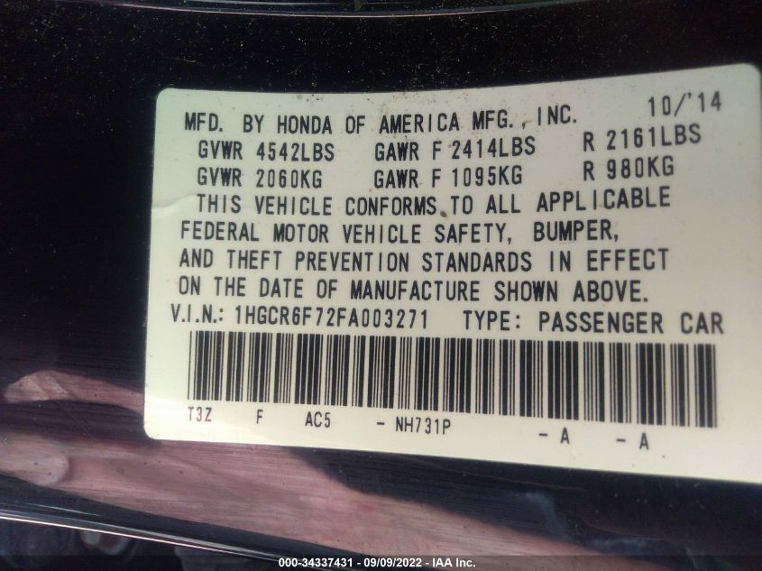2015 HONDA ACCORD HYBRID TOURING 1HGCR6F72FA003271