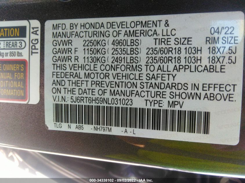 2022 HONDA CR-V HYBRID EX 5J6RT6H59NL031023