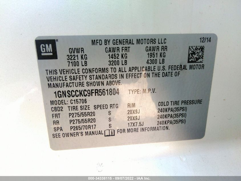 2015 CHEVROLET TAHOE LTZ 1GNSCCKC9FR561804