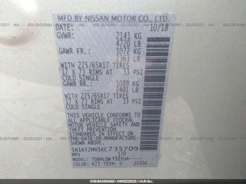 2019 NISSAN ROGUE SV 5N1AT2MV1KC735709