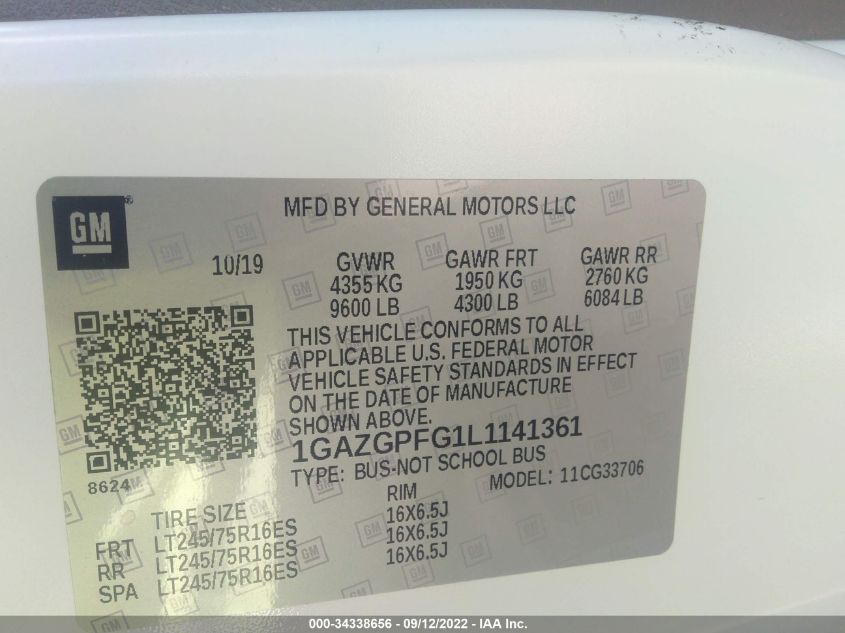 2020 CHEVROLET EXPRESS PASSENGER LT 1GAZGPFG1L1141361