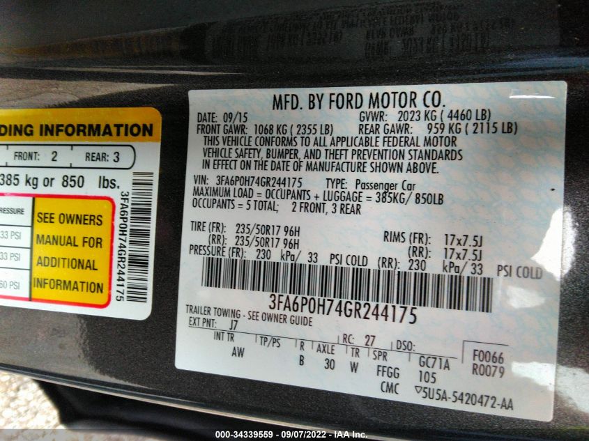 3FA6P0H74GR244175 2016 FORD FUSION, photo no. 9