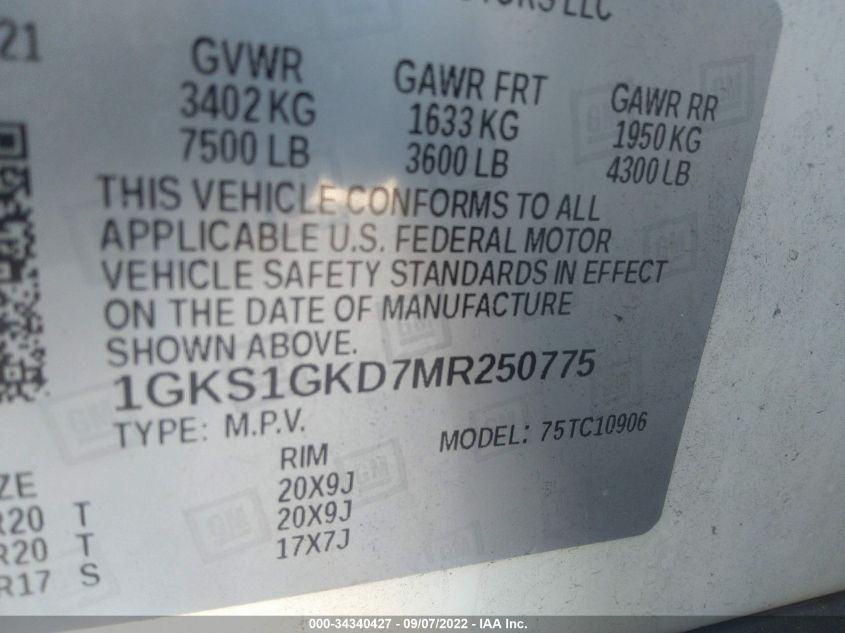 2021 GMC YUKON XL SLT 1GKS1GKD7MR250775