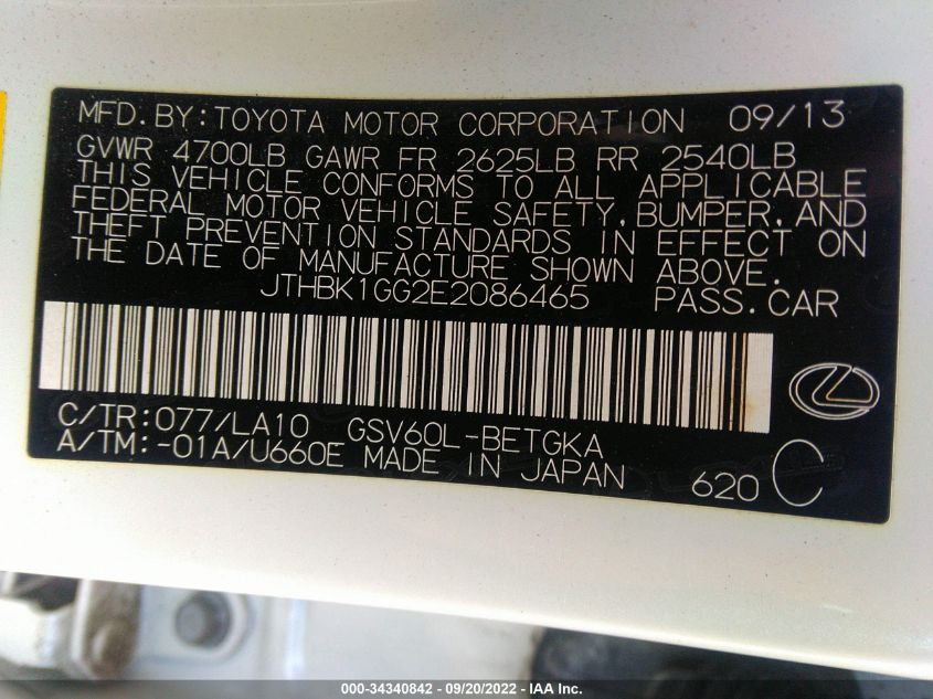 2014 LEXUS ES 350 JTHBK1GG2E2086465