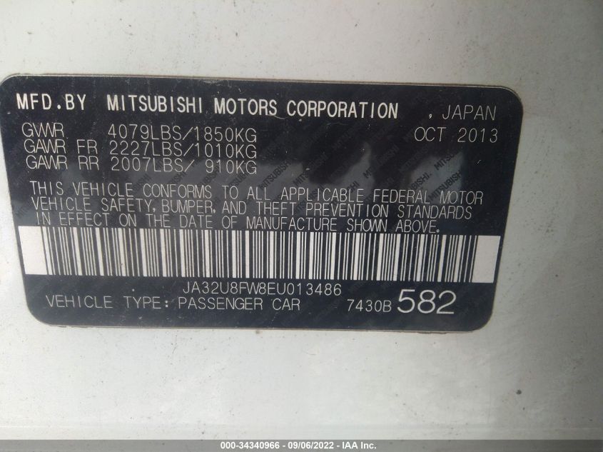 2014 MITSUBISHI LANCER GT JA32U8FW8EU013486