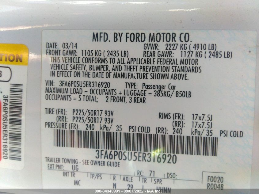 2014 FORD FUSION ENERGI TITANIUM 3FA6P0SU5ER316920