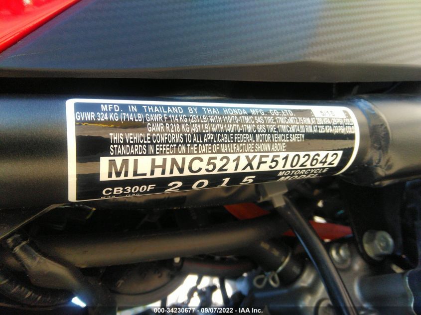 2015 HONDA CB300 F MLHNC521XF5102642