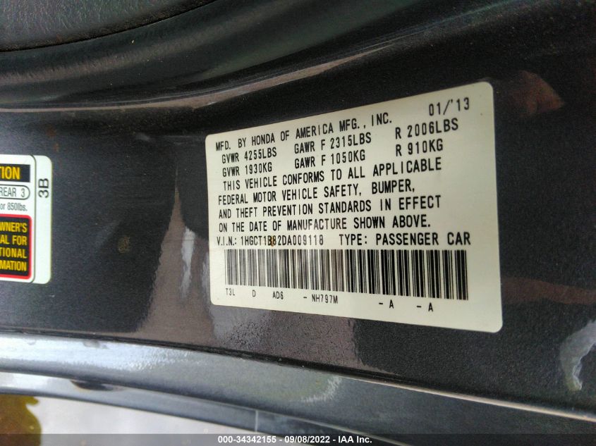 2013 HONDA ACCORD CPE EX-L 1HGCT1B82DA009118