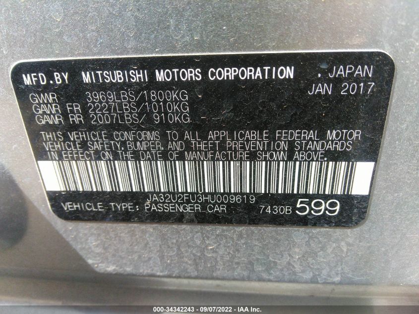 2017 MITSUBISHI LANCER ES JA32U2FU3HU009619