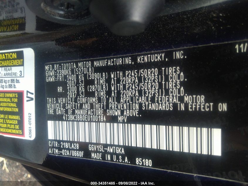 2014 TOYOTA VENZA XLE/LIMITED/LE 4T3BK3BB0EU100184