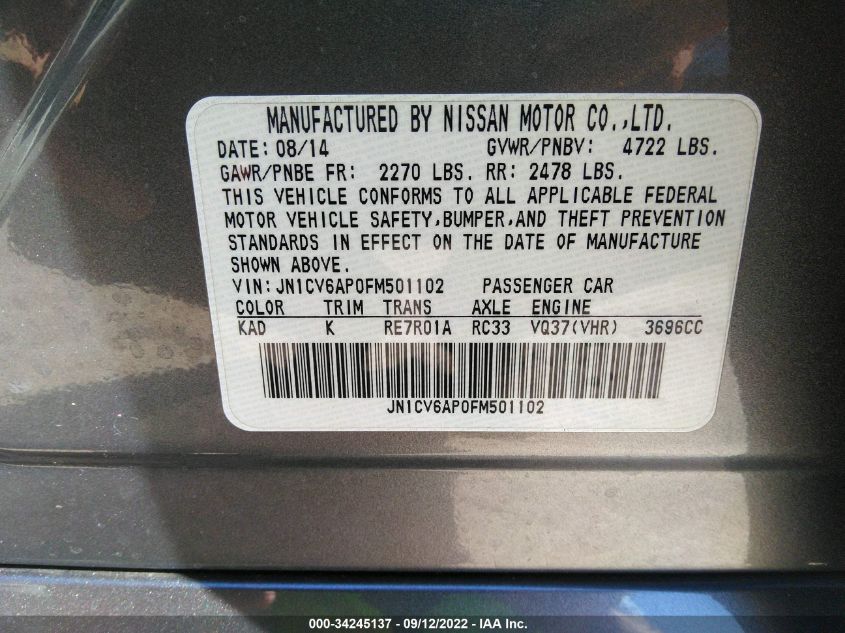 2015 INFINITI Q40 JN1CV6AP0FM501102