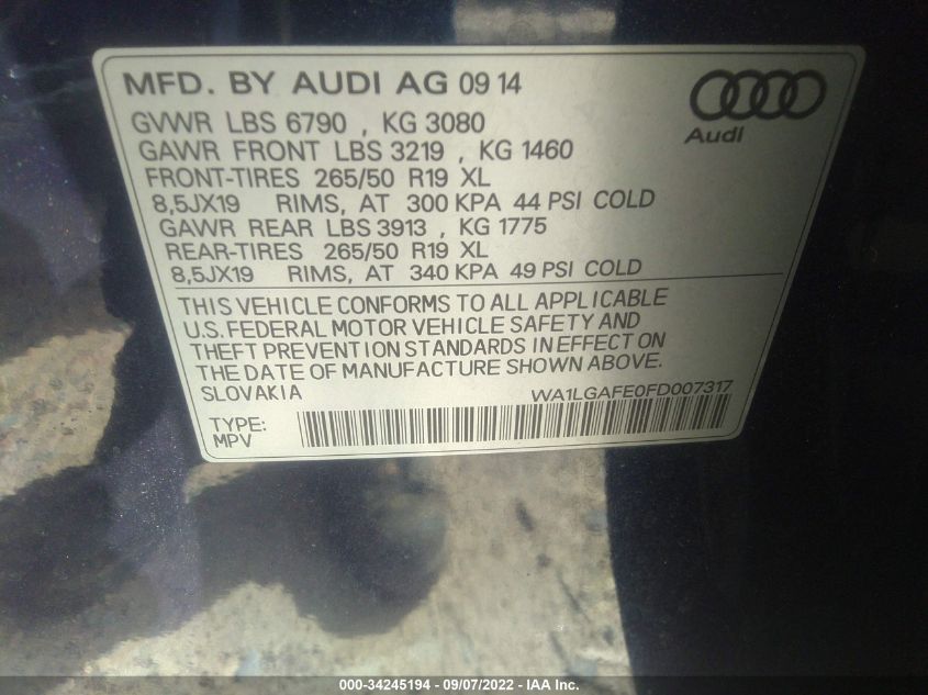 2015 AUDI Q7 3.0T PREMIUM PLUS WA1LGAFE0FD007317