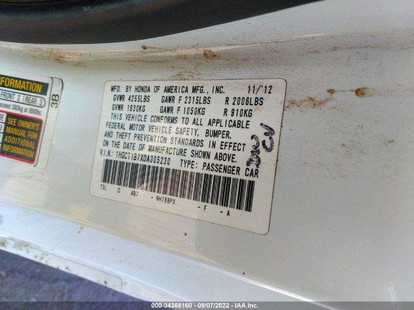 2013 HONDA ACCORD CPE EX 1HGCT1B7XDA005230