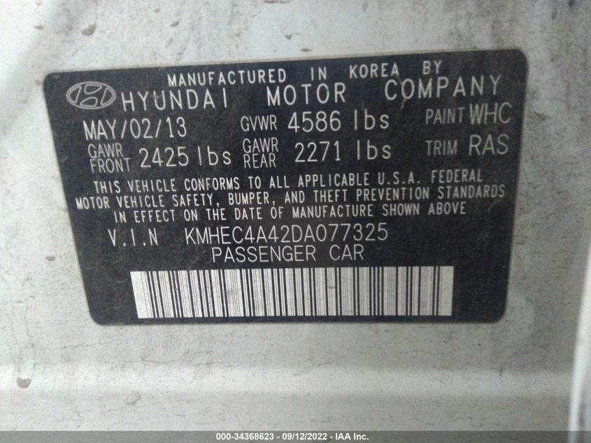 2013 HYUNDAI SONATA HYBRID KMHEC4A42DA077325