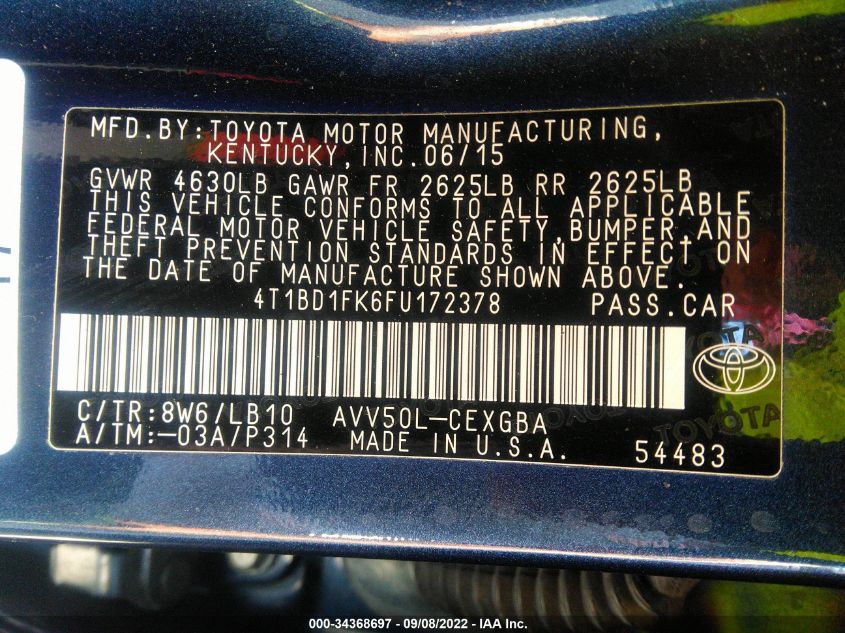 2015 TOYOTA CAMRY HYBRID XLE 4T1BD1FK6FU172378