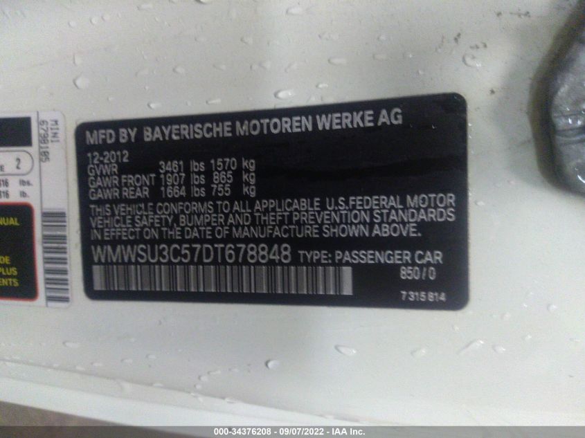 2013 MINI HARDTOP COOPER WMWSU3C57DT678848