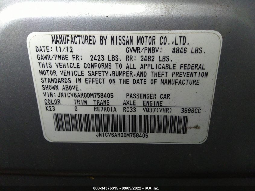 2013 INFINITI G37 SEDAN X JN1CV6AR0DM758405