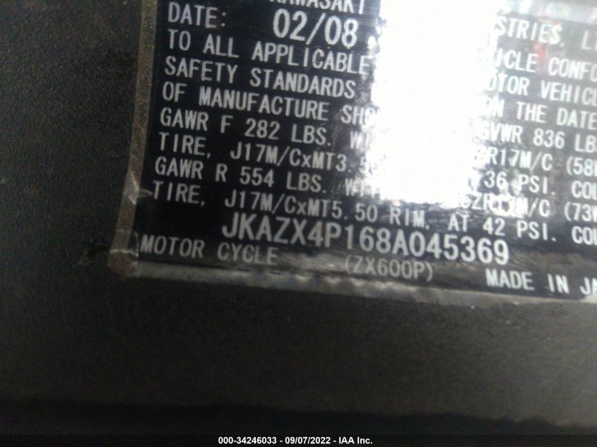 2008 KAWASAKI ZX600 P JKAZX4P168A045369