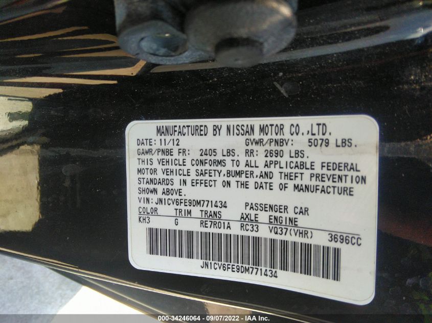2013 INFINITI G37 CONVERTIBLE BASE JN1CV6FE9DM771434
