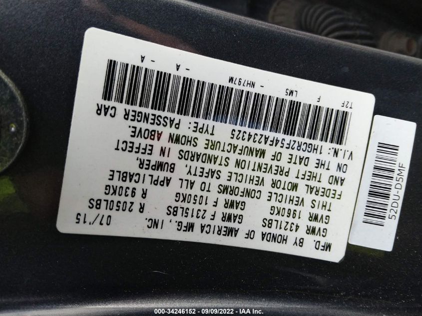 2015 HONDA ACCORD SEDAN SPORT - 1HGCR2F54FA234325