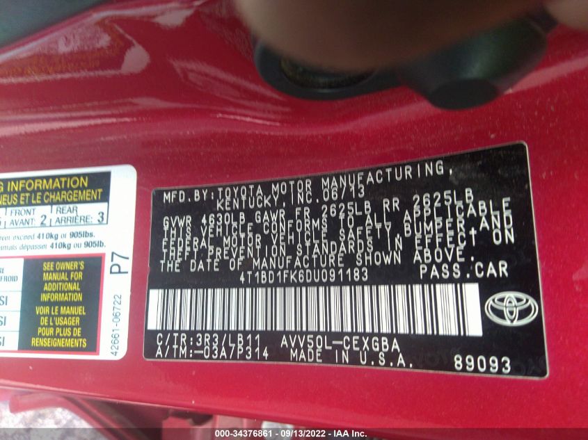 2013 TOYOTA CAMRY HYBRID LE/XLE 4T1BD1FK6DU091183