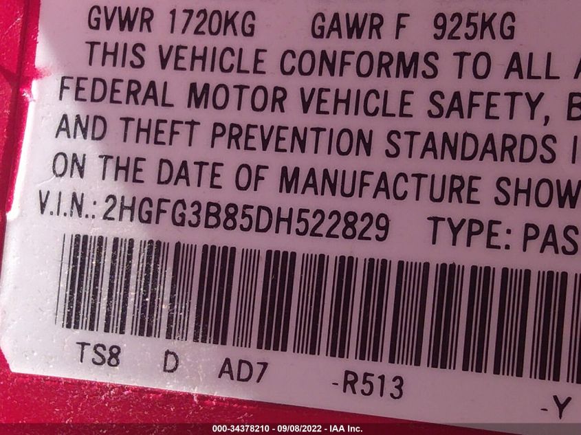 2013 HONDA CIVIC CPE EX 2HGFG3B85DH522829