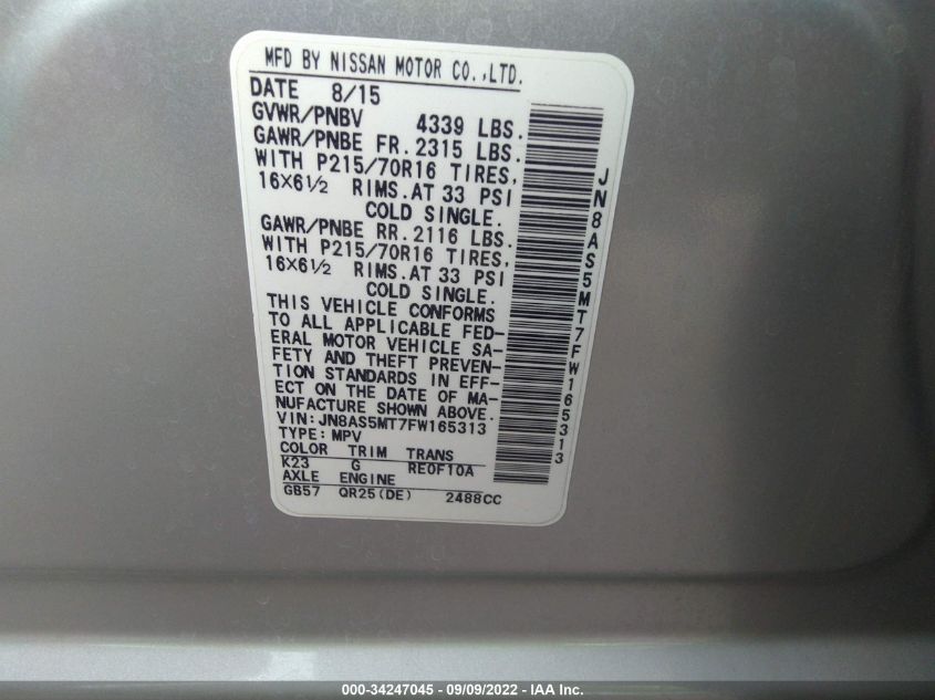 2015 NISSAN ROGUE SELECT S JN8AS5MT7FW165313